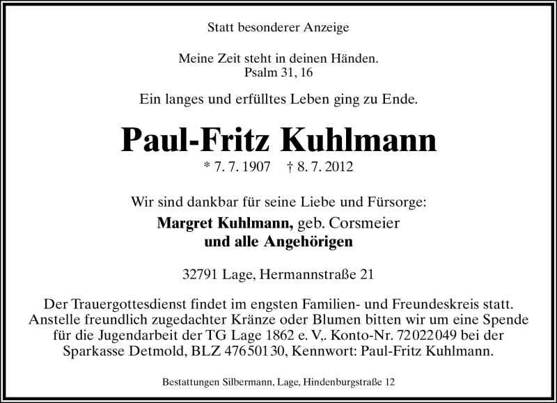 Todesanzeige Paul Fritz Kuhlmann