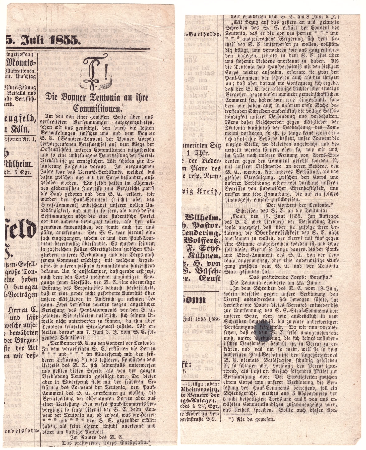 1855: Die Bonner Teutonia an Ihre Commilitonen
